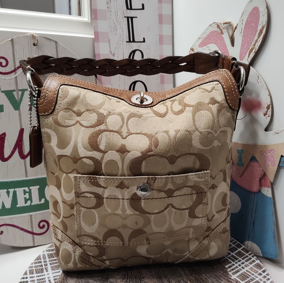 🤎 Vintage GUC Coach Signature Woven Beige Folding, Chelsea Soho Hobo Bag-10990 - Picture 2 of 14